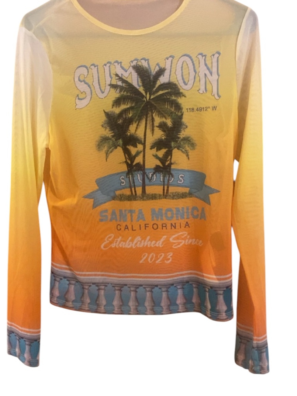 Sunset Santa Monica Palm Tree Long Sleeve Tee Yellow Orange Blue  Fringe Skirt